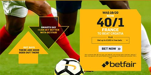 40/1 France to beat Croatia at Betfair (World Cup Final Boost)