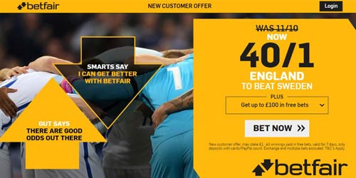 40/1 England to beat Sweden at Betfair (Sweden v England enhanced odds)