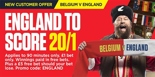 Get 20/1 England to score vs Belgium at Ladbrokes + £5 free bet