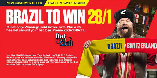 28/1 Brazil to beat Switzerland at Ladbrokes (World Cup price boost)