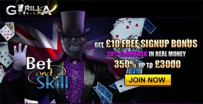 Gorilla Casino: €/$/£10 free chips with no deposit needed